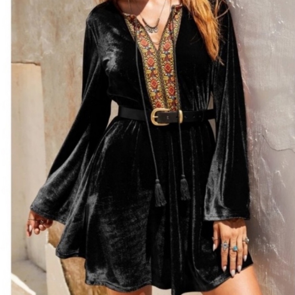 Black velvet flare sleeve boho hippie mini a line dress 70s xl